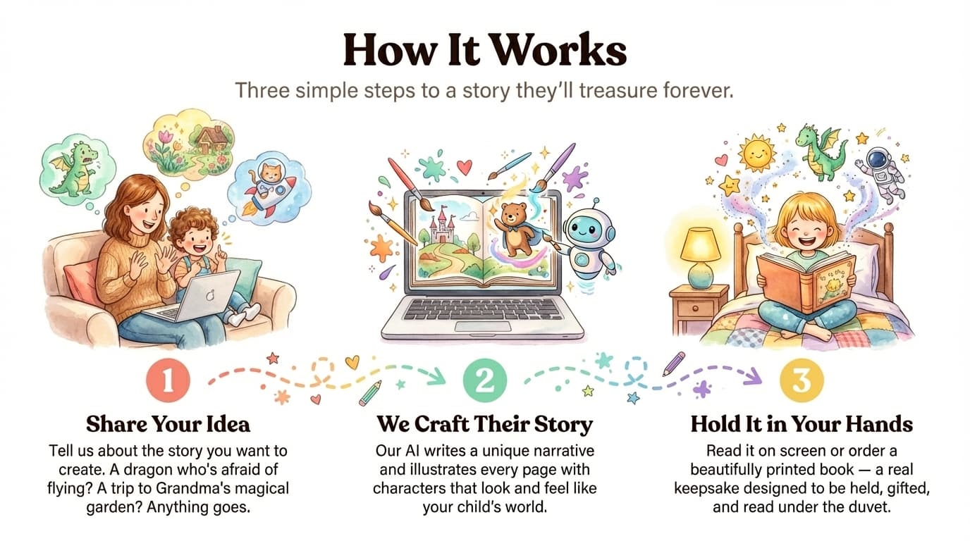 How FlipWhizz works: 1. Share your idea, 2. We craft their story, 3. Hold it in your hands
