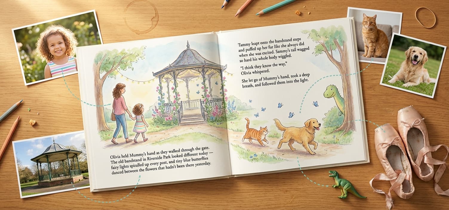 Real family photos transformed into a personalised illustrated storybook