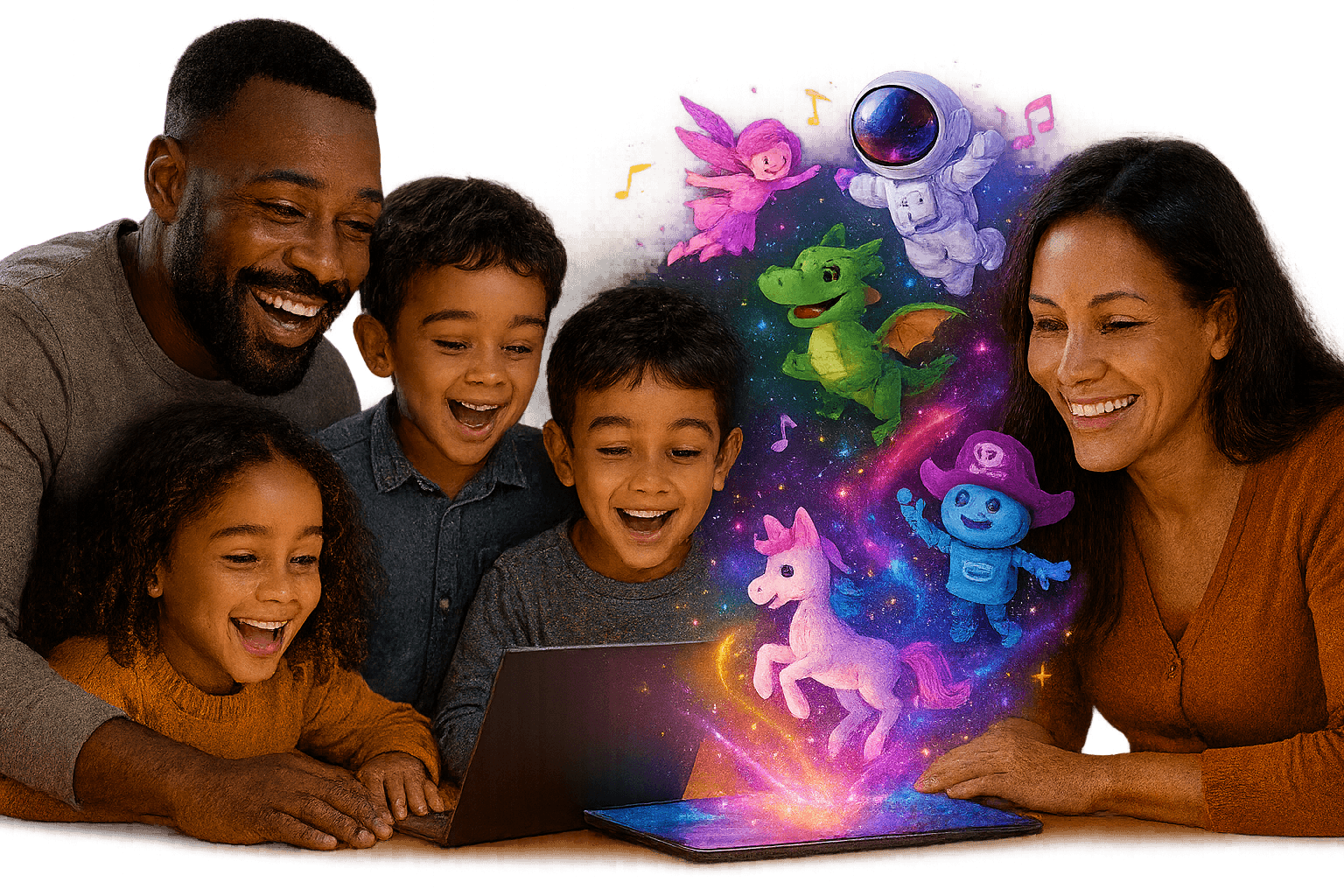 Open book with magical characters bursting from the pages